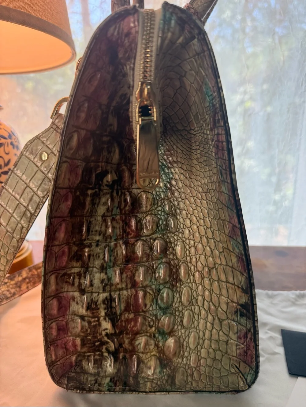 Brahmin Green and Mauve Croc-Embossed Satchel